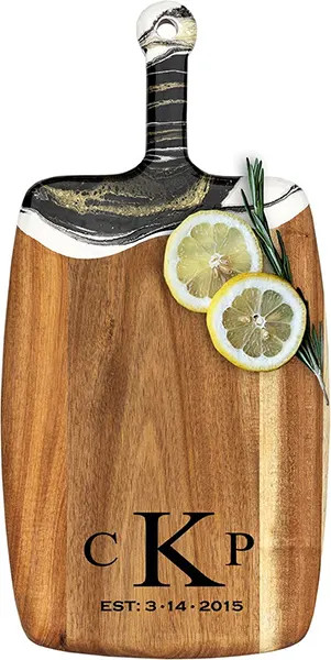 Acacia Wood Cheese Board with Resin Black Gold - Rectangle - Initials