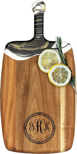 Acacia Wood Cheese Board with Resin Black Gold - Rectangle - Script Monogram