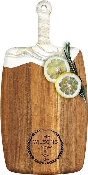 Acacia Wood Cheese Board with Resin White Gold - Rectangle - Leaf Monogram
