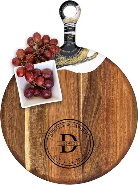 Acacia Wood Cheese Board with Resin Black Gold - Round - Bold Monogram