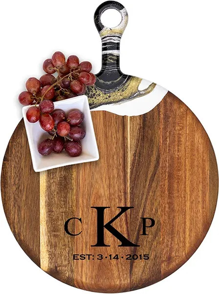 Acacia Wood Cheese Board with Resin Black Gold - Round - Initials