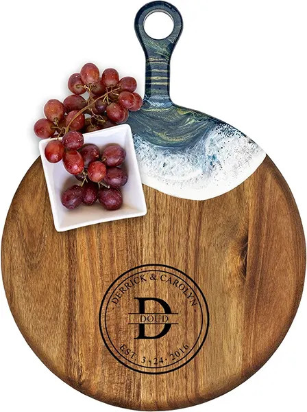 Acacia Wood Cheese Board with Resin Ocean Dream - Round - Bold Monogram