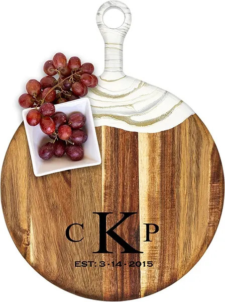 Acacia Wood Cheese Board with Resin White Gold - Round - Initials