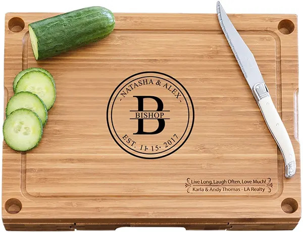 Bamboo Cheese Board with Glass Cutting Board & 3 Cheese Tools - Bold Monogram