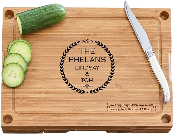 Bamboo Cheese Board with Glass Cutting Board & 3 Cheese Tools - Leaf Monogram