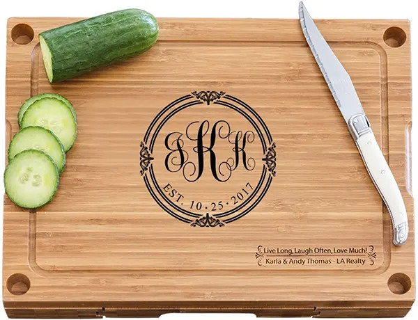 Bamboo Cheese Board with Glass Cutting Board & 3 Cheese Tools - Script Monogram