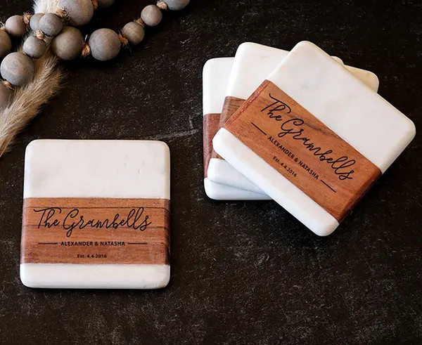 Italian Marble & Acacia Wood Coaster Set - Elegant