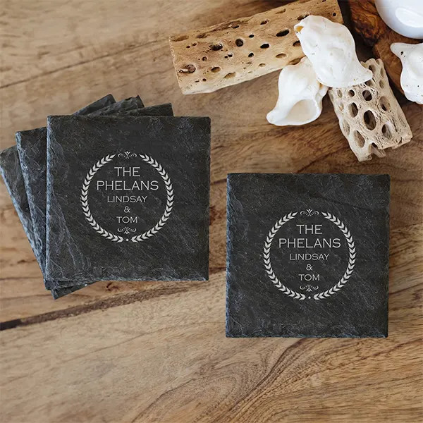 Slate Coaster Set - Leaf Monogram