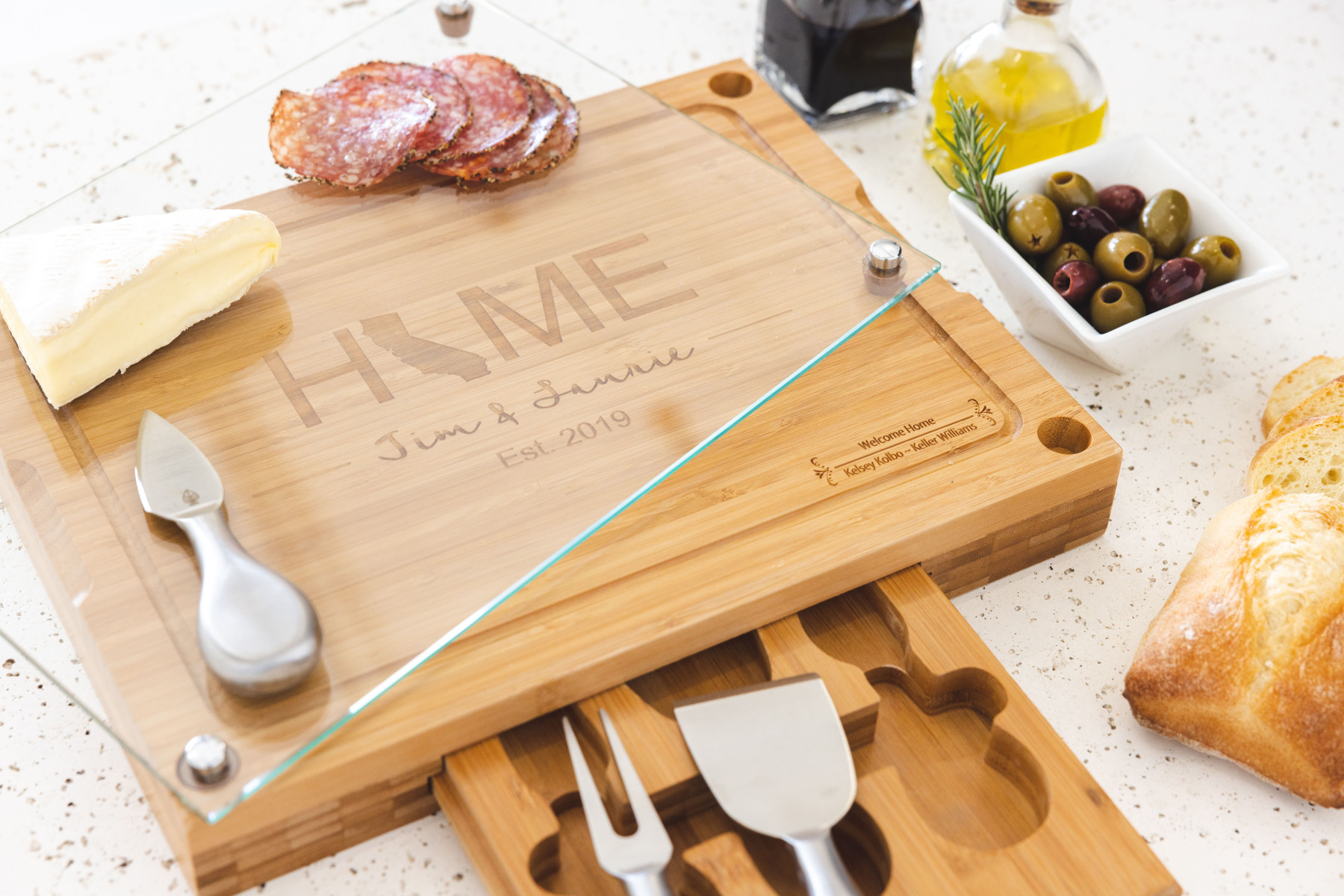 Bamboo Cheese Board with Glass Cutting Board & 3 Cheese Tools Closing Gift