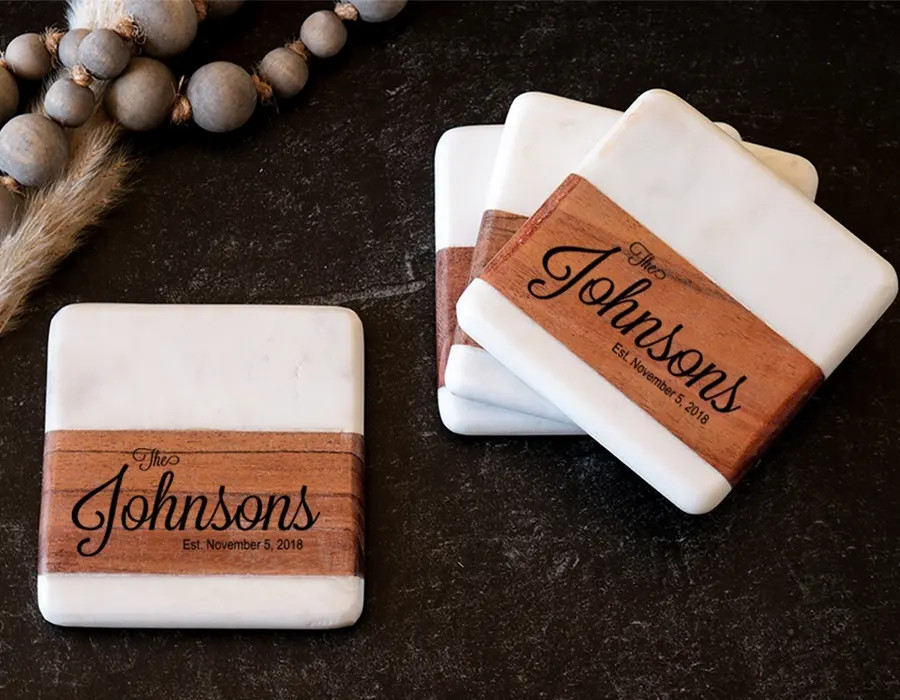 Italian Marble and Acacia Wood Coaster Set Closing Gift